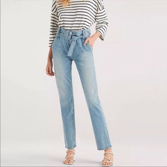 7FAM High Rise Paperbag Optic White Straight Leg Jeans NWOT - Picture 6 of 16